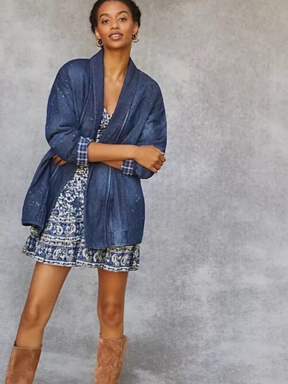 Anthropologie Pilcro Quilted Denim Kimono Jacket Coat Open Front Oversized Sz S